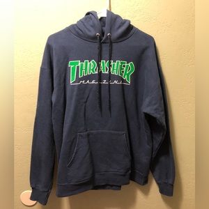 Zumiez Thrasher Size Medium navy blue, green & white hoodie with kangaroo pocket